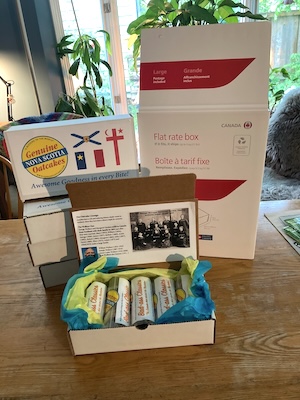 Five oatcake boxes fit perfectly in a Large Canada Post Flat Rate Box: 25 packages delivered anywhere in Canada just $240